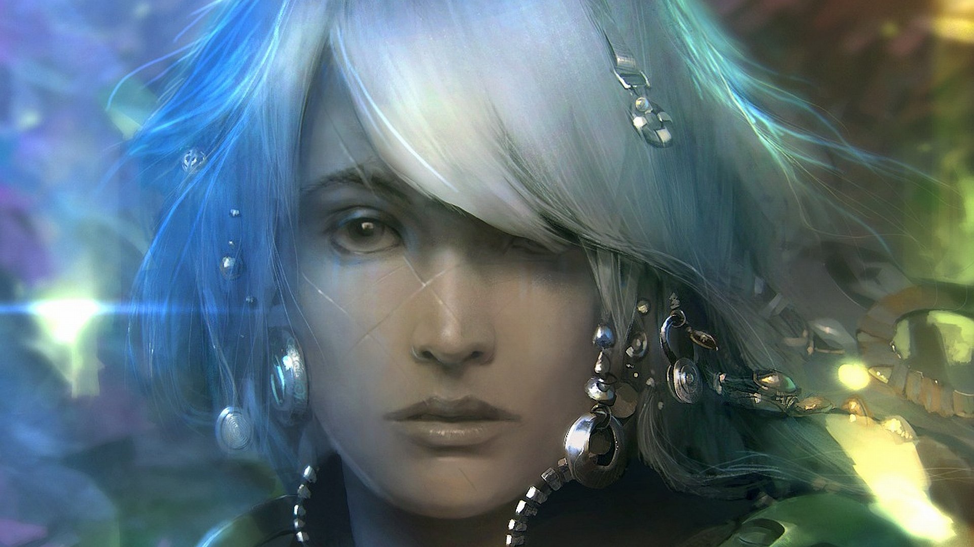 A captivating fantasy woman with striking features and flowing white hair gazes thoughtfully, set against a dreamy, ethereal backdrop. An enchanting HD PC desktop wallpaper.