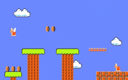 A vibrant HD wallpaper featuring a classic Super Mario Bros. scene, showcasing iconic platforms, clouds, and collectible coins against a bright blue background.