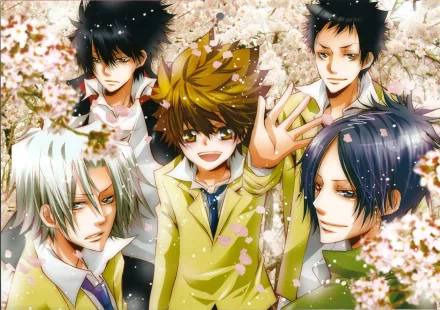 Anime-inspired wallpaper from Katekyō Hitman Reborn! featuring five characters against a backdrop of blooming cherry blossoms, showcasing vibrant colors and dynamic expressions.