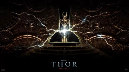 A HD wallpaper featuring a dramatic scene from the movie Thor, showcasing a striking figure surrounded by lightning and intricate metallic designs, with Thor prominently displayed at the bottom.