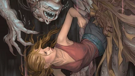 HD comic-style Buffy the Vampire Slayer desktop wallpaper depicting Buffy in a tense encounter with a menacing, monstrous creature.