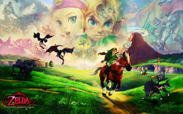 HD wallpaper featuring iconic characters and scenes from The Legend of Zelda video game, with Link riding a horse through a vibrant landscape filled with fantasy elements.