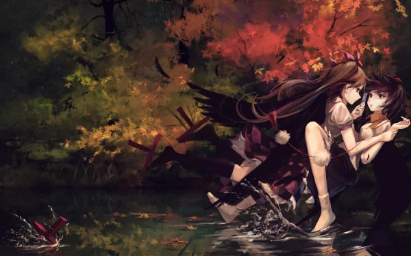 HD anime desktop wallpaper featuring yuri-themed Aya Shameimaru and Hatate Himekaidou from Touhou, set against a serene autumn forest background.