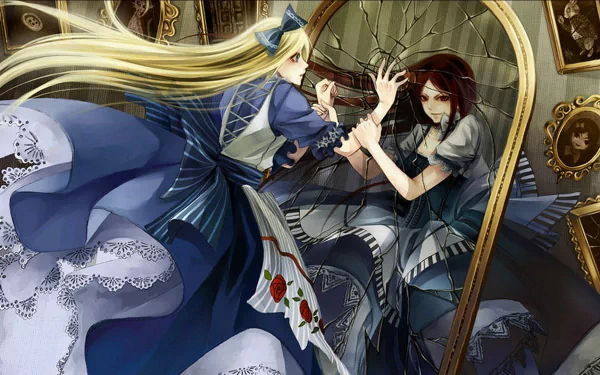 A vivid HD wallpaper from *Alice: Madness Returns*, featuring two versions of Alice, one peering through a shattered mirror, embodying the dark themes of *Alice in Wonderland*.