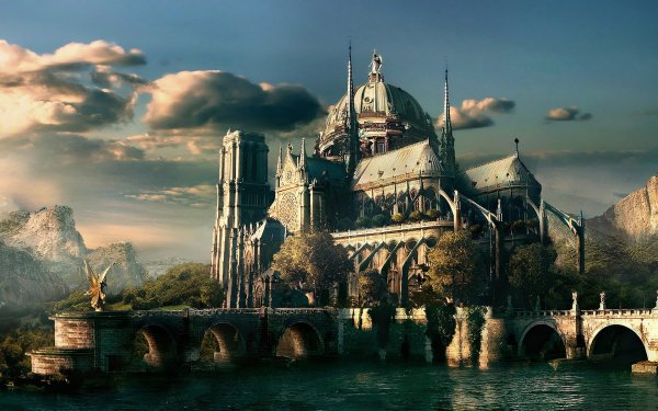 Fantasy Building Sky Cloud Castle Cathedral Water Bridge HD Wallpaper | Background Image