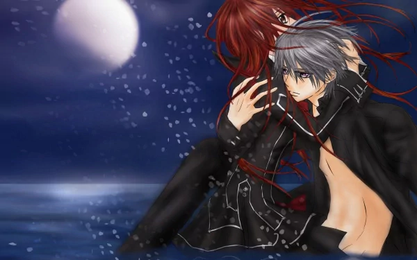 A vibrant HD wallpaper featuring characters from Anime Vampire Knight, set against a moonlit backdrop with swirling waters, conveying a sense of drama and emotion.