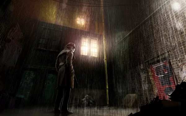 Rorschach from the Watchmen comic stands alone in a dark, rain-soaked alley, captured in a moody HD desktop wallpaper.