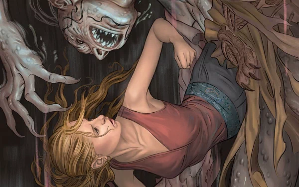 HD comic-style Buffy the Vampire Slayer desktop wallpaper depicting Buffy in a tense encounter with a menacing, monstrous creature.