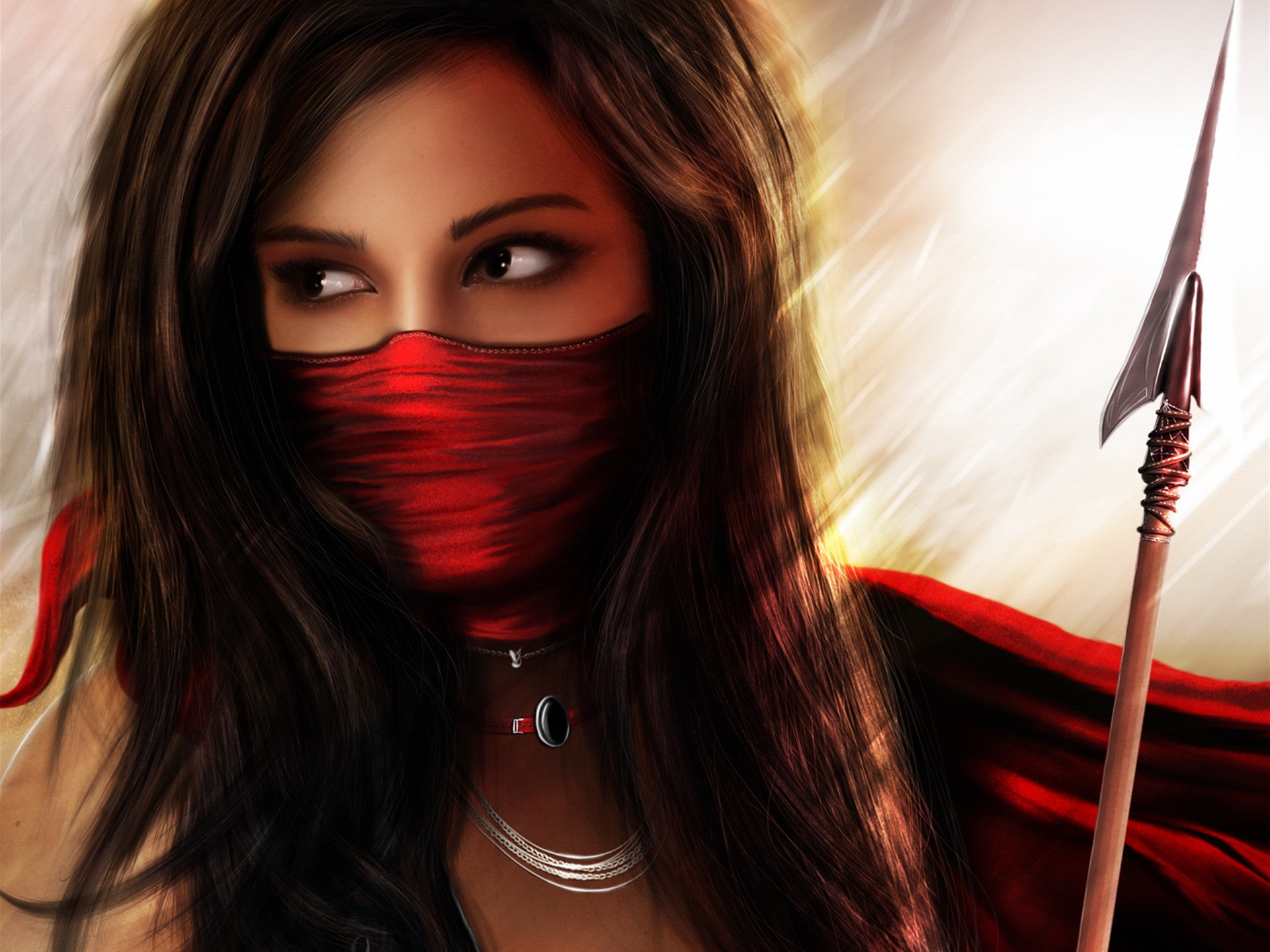 Red Warrior Girl desktop wallpaper depicting a fierce woman warrior in a fantasy setting.