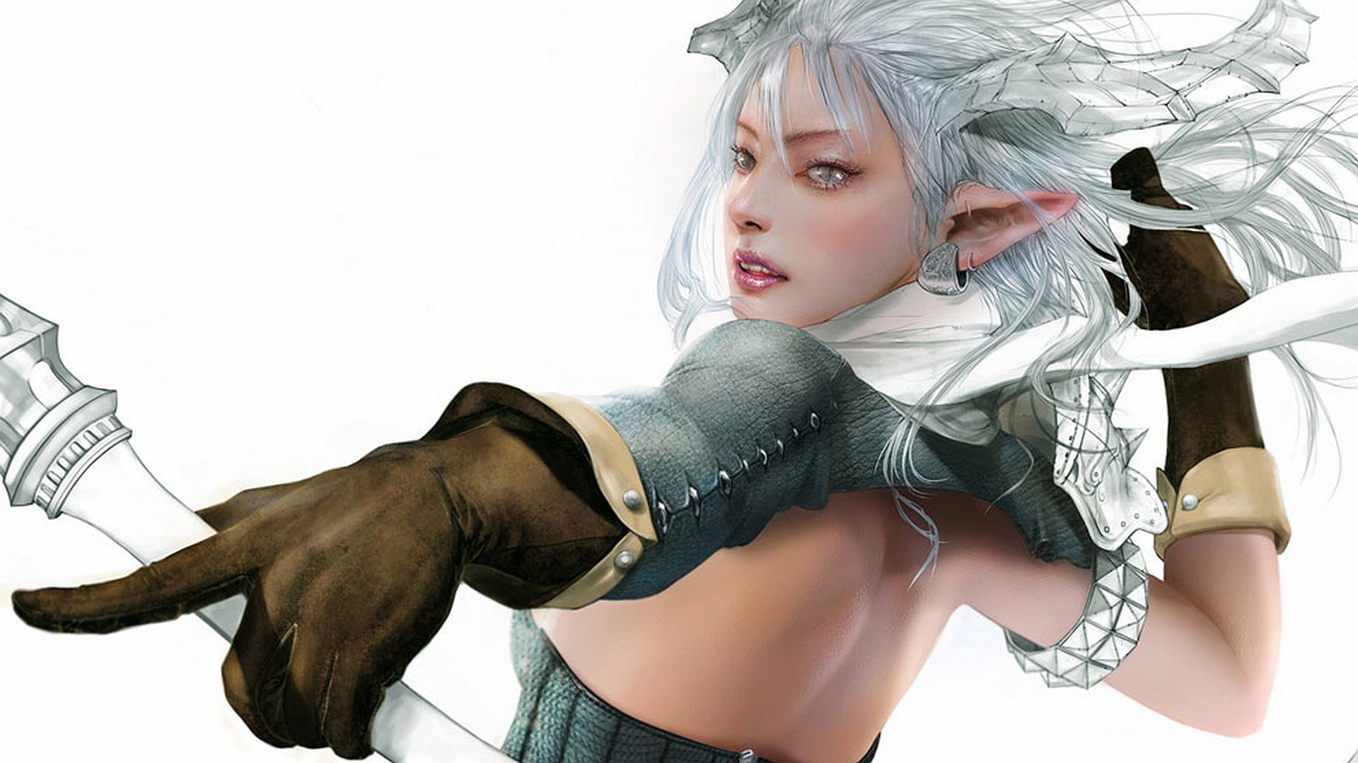 HD fantasy desktop wallpaper featuring a dynamic elf with silver hair and pointed ears, dressed in detailed armor, poised for action against a white background.