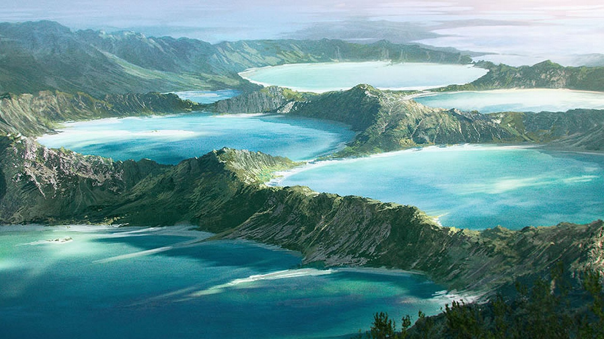 HD PC desktop wallpaper featuring a stunning fantasy landscape with multiple turquoise lakes, rugged mountains, and misty atmospheric layers in a vibrant, otherworldly setting.