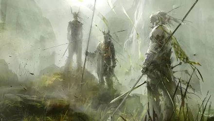 HD desktop wallpaper of Guild Wars 2, showcasing a stunning, mist-laden scene with three ethereal characters holding staffs amidst a mystical landscape.