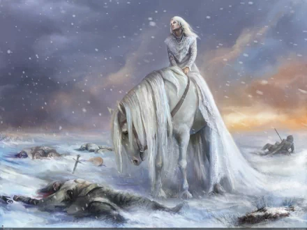 A fantasy battle scene in HD, depicting a woman in white on a horse, standing amid fallen soldiers and snow-covered ground. This image serves as a dramatic desktop wallpaper and background.
