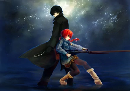 A dynamic HD wallpaper featuring Suou Pavlichenko and Hei from the anime Darker than Black, set against a starry night background, showcasing their strong partnership.