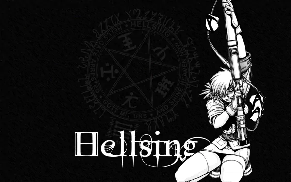 HD anime desktop wallpaper featuring Seras Victoria from Hellsing in a dynamic pose with a dark background and the Hellsing emblem behind her.