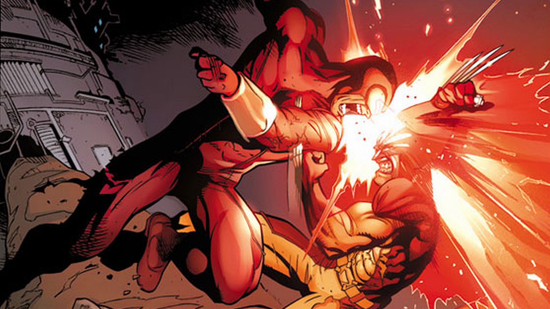 Wolverine and Cyclops engage in an epic battle, showcasing the iconic clash between heroes.