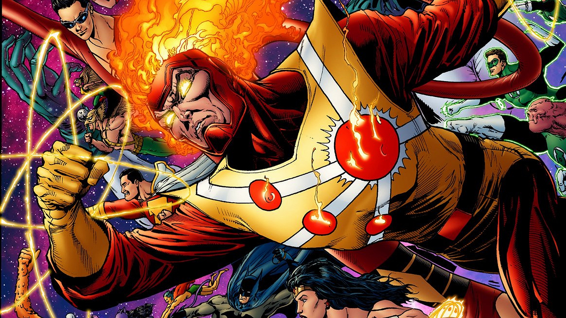 DC Comics superheroes like Firestorm, Green Lantern, Wonder Woman, and more unite in an epic desktop wallpaper.