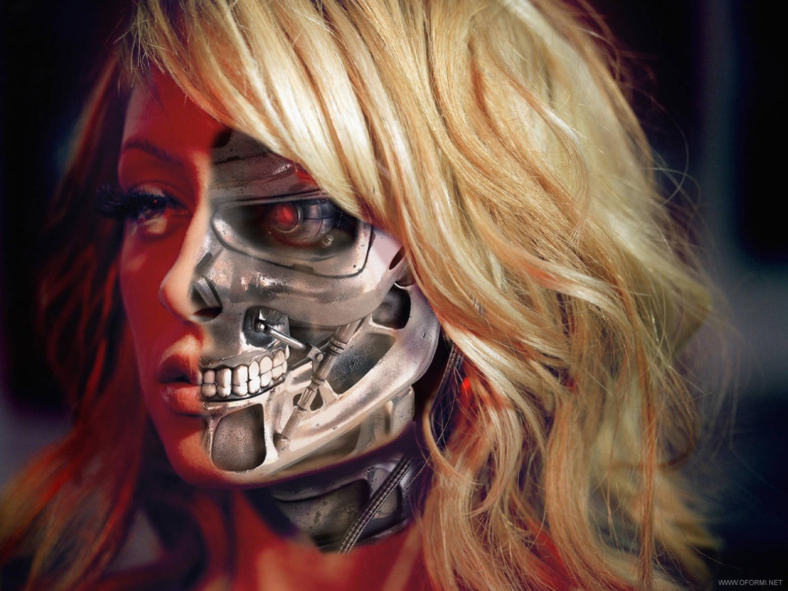 A high-definition sci-fi desktop wallpaper featuring a cyborg with a partially transparent skull face and flowing blonde hair, highlighting the fusion of human and machine.
