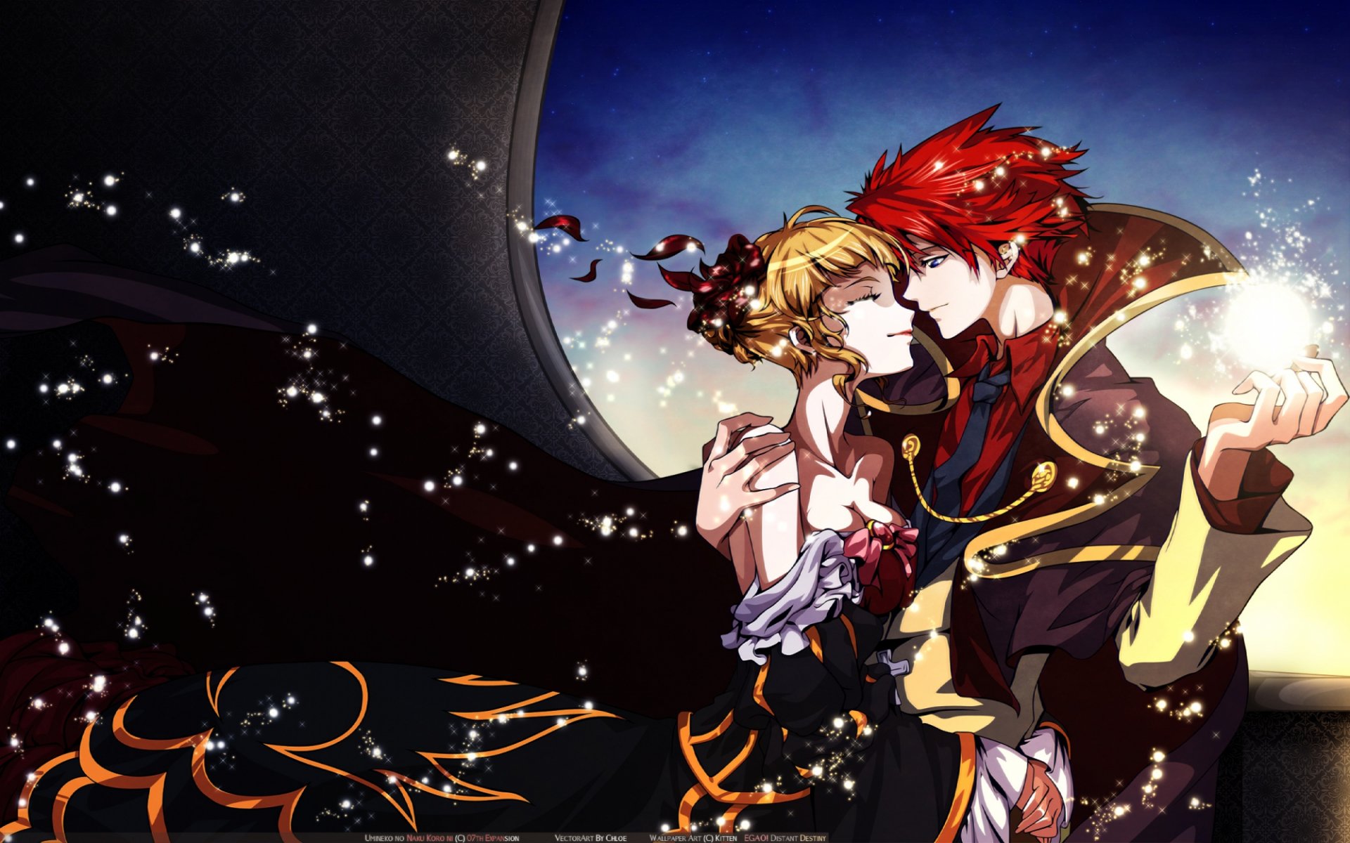 Anime HD PC Desktop Wallpaper and Background — Umineko: When They Cry: red-haired man and blonde woman embrace in ornate cloaks, moonlight and sparkles swirling as a magical glow radiates from his hand.