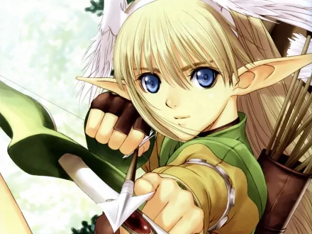 Blonde elf archer with blue eyes drawing a bow, quiver visible — HD PC desktop wallpaper and background from the video game Shining Wind.