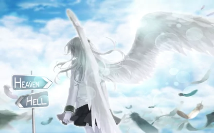 HD anime desktop wallpaper featuring Kanade Tachibana from Angel Beats! standing with white angel wings near a signpost pointing to Heaven and Hell under a bright sky.