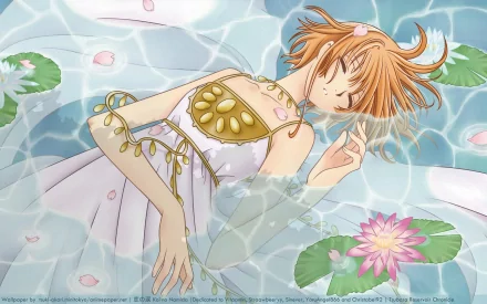 Anime HD desktop wallpaper from Tsubasa: Reservoir Chronicle featuring a girl in a white dress peacefully floating on water surrounded by lily pads and pink flower petals.
