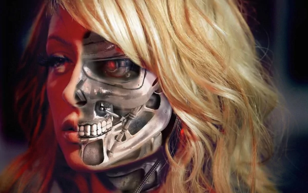 A high-definition sci-fi desktop wallpaper featuring a cyborg with a partially transparent skull face and flowing blonde hair, highlighting the fusion of human and machine.