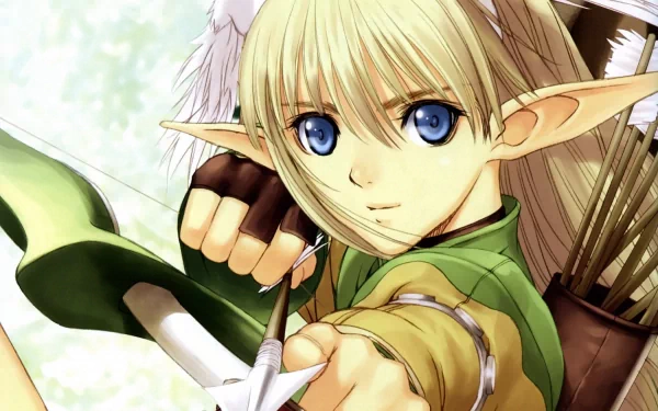 Blonde elf archer with blue eyes drawing a bow, quiver visible — HD PC desktop wallpaper and background from the video game Shining Wind.