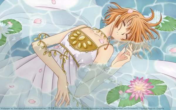Anime HD desktop wallpaper from Tsubasa: Reservoir Chronicle featuring a girl in a white dress peacefully floating on water surrounded by lily pads and pink flower petals.