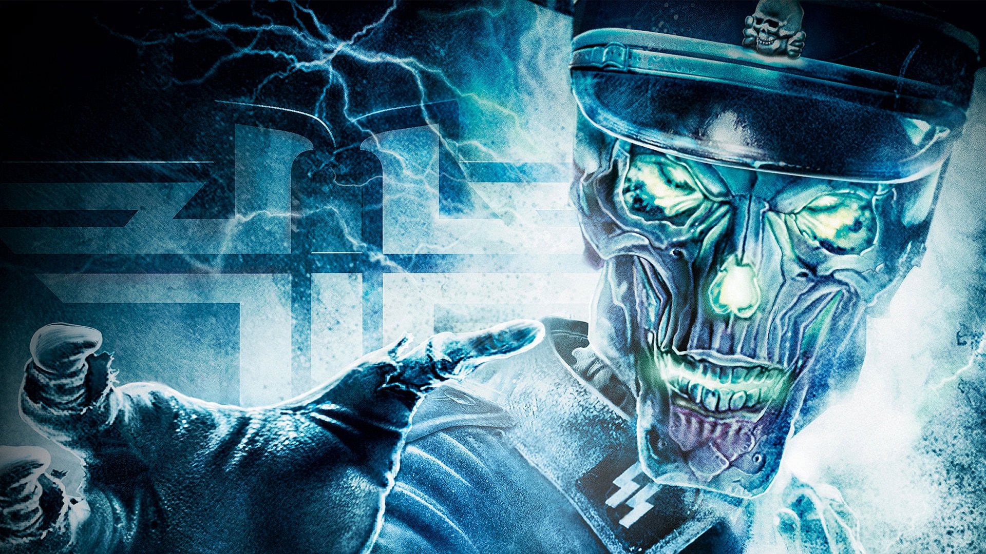 4K Ultra HD PC desktop wallpaper of a menacing skeletal soldier from the 2009 video game Wolfenstein, with a glowing blue aura and Nazi insignia in the background.
