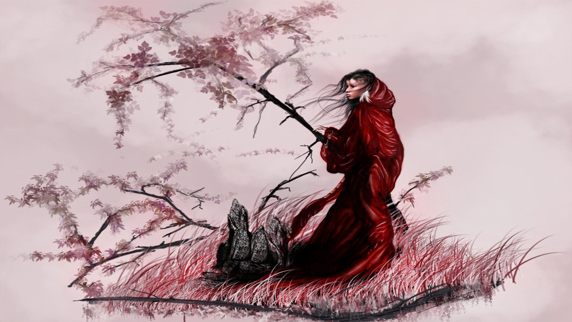 A fantasy-themed 4K Ultra HD wallpaper featuring a woman in a flowing red robe, surrounded by pink blossoms and a serene landscape, evoking a mystical atmosphere.