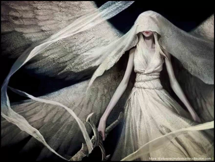 A mysterious figure in a flowing white dress with wings and a blindfold, set against a dark background, serves as a captivating HD desktop wallpaper for Magic: The Gathering fans.