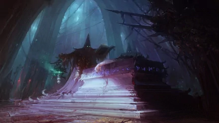 Dark sorcerer stands on a crumbling altar beneath vaulted ruins, arcane glow and twisted branches — 4K Ultra HD PC desktop wallpaper and background.