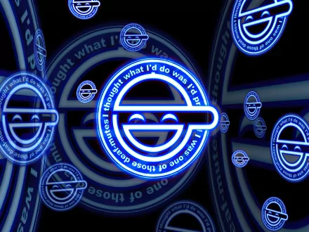 Anime Ghost in the Shell 2K Quad HD PC desktop wallpaper/background: repeating neon-blue Laughing Man emblem on a dark mirrored, circuit-like backdrop.