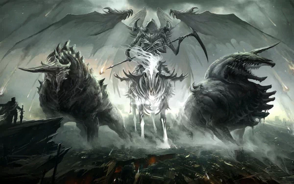 HD desktop wallpaper depicting a grim reaper with wings and a scythe riding a skeletal horse, flanked by two demonic creatures, set against a dark, ominous background.