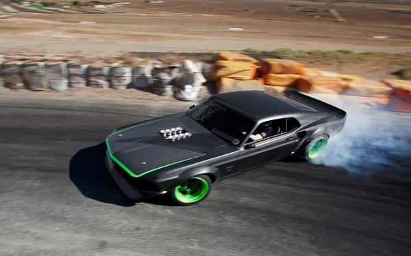 Ford muscle car with green accents drifting on a race track, captured in a sharp 4K Ultra HD PC desktop wallpaper background.