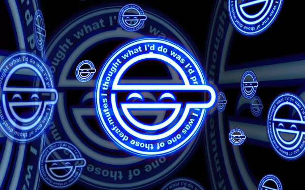 Anime Ghost in the Shell 2K Quad HD PC desktop wallpaper/background: repeating neon-blue Laughing Man emblem on a dark mirrored, circuit-like backdrop.