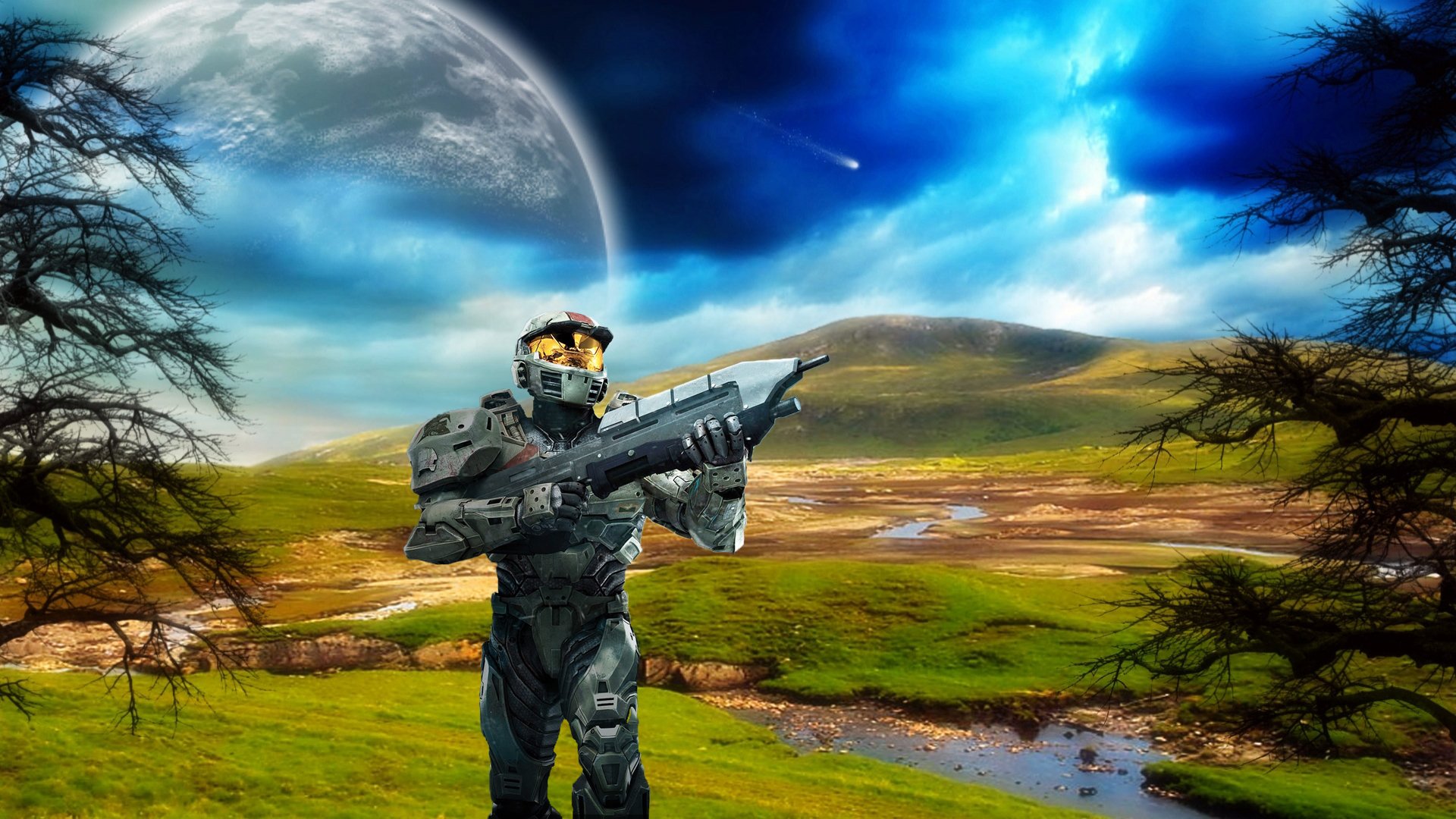 HD PC desktop wallpaper featuring a Halo video game character in futuristic armor, standing in a lush landscape with a large planet and dramatic blue sky overhead.