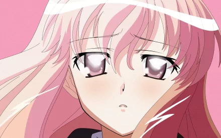 A HD desktop wallpaper featuring a character from the anime Zero no Tsukaima, showcasing a close-up of a girl with long pink hair and striking eyes against a pink background.