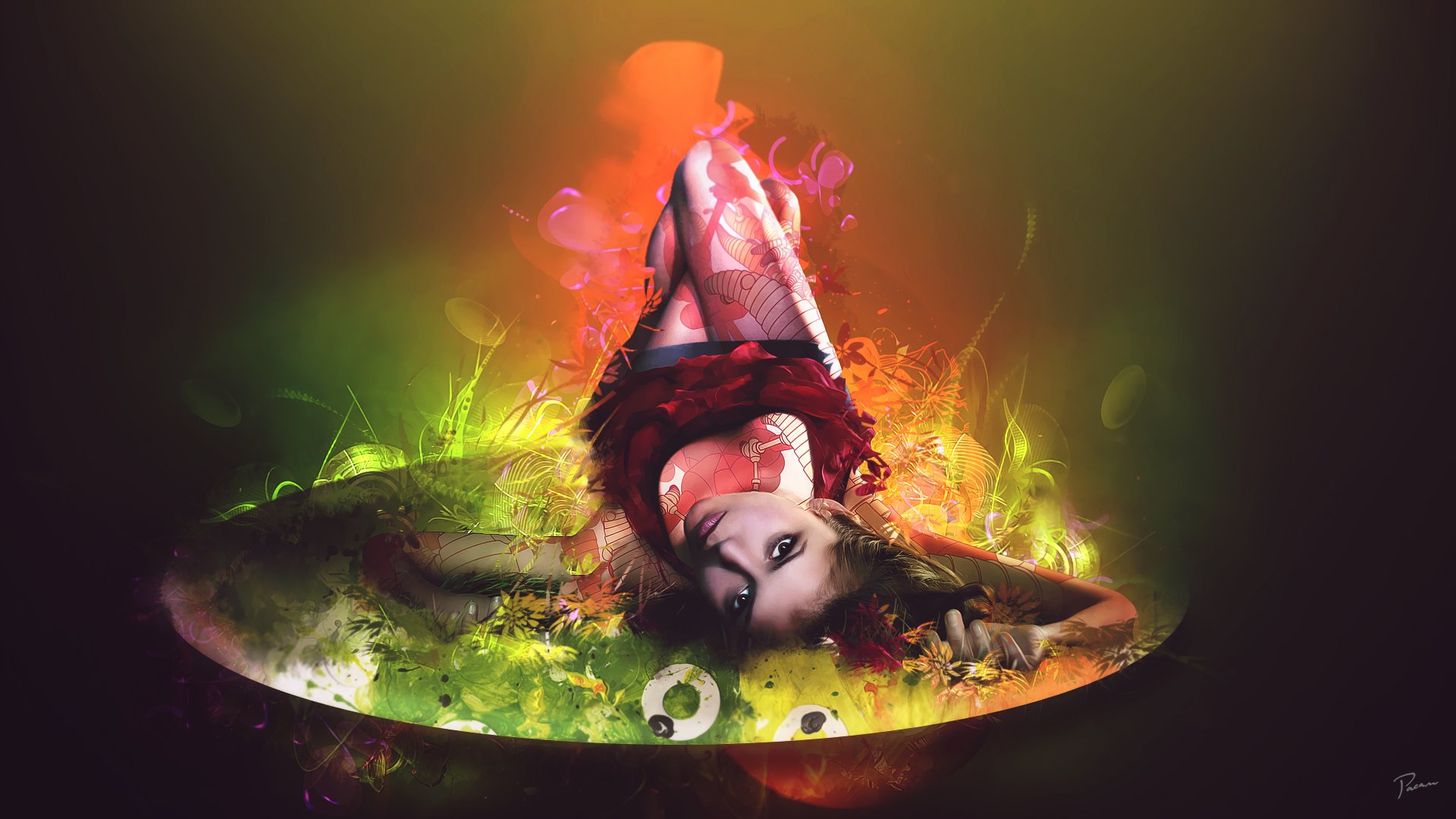 Artistic HD PC desktop wallpaper featuring a colorful, surreal portrait of a woman surrounded by vibrant swirling colors and abstract light effects.