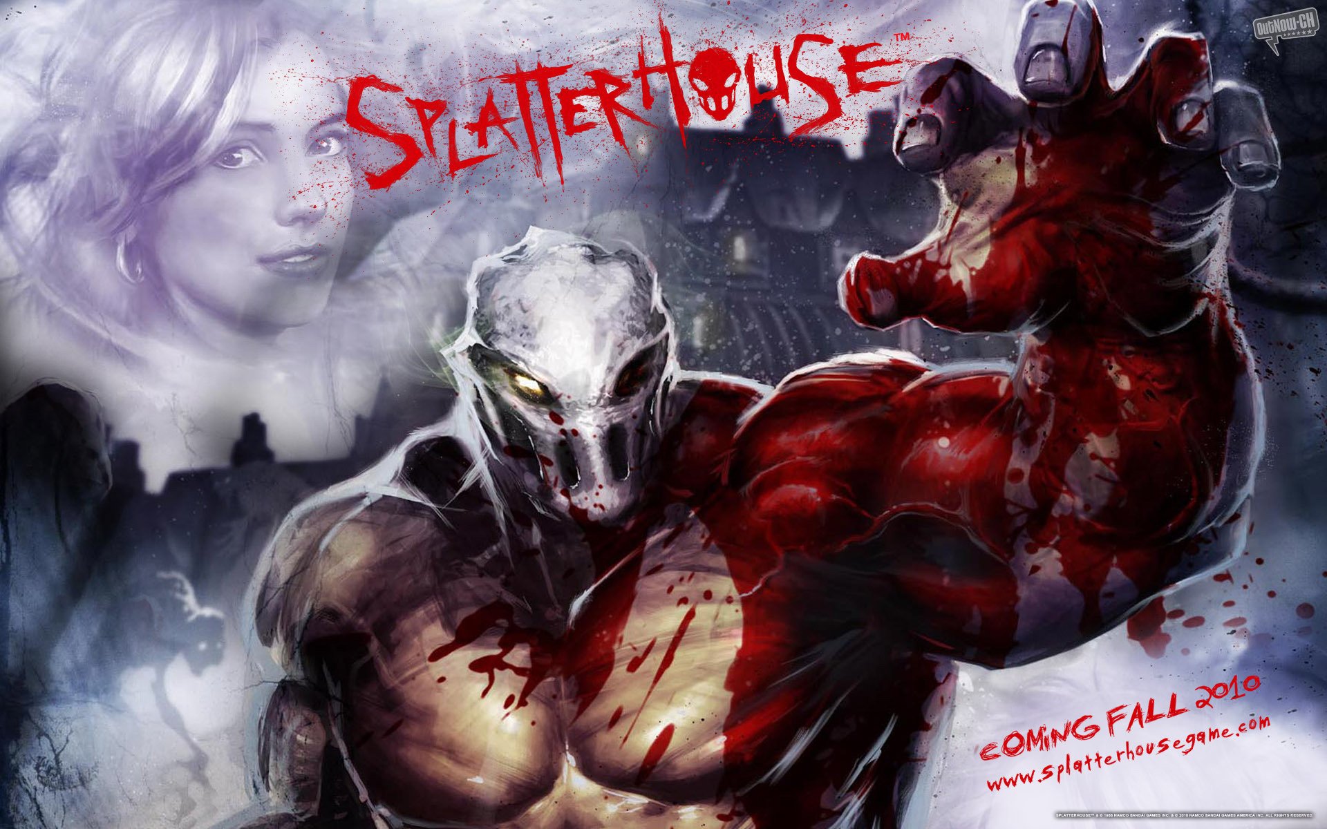 HD PC desktop wallpaper/background for the video game Splatterhouse: a blood-splattered masked muscular antihero lunges forward, a ghostly woman and gothic mansion looming behind.