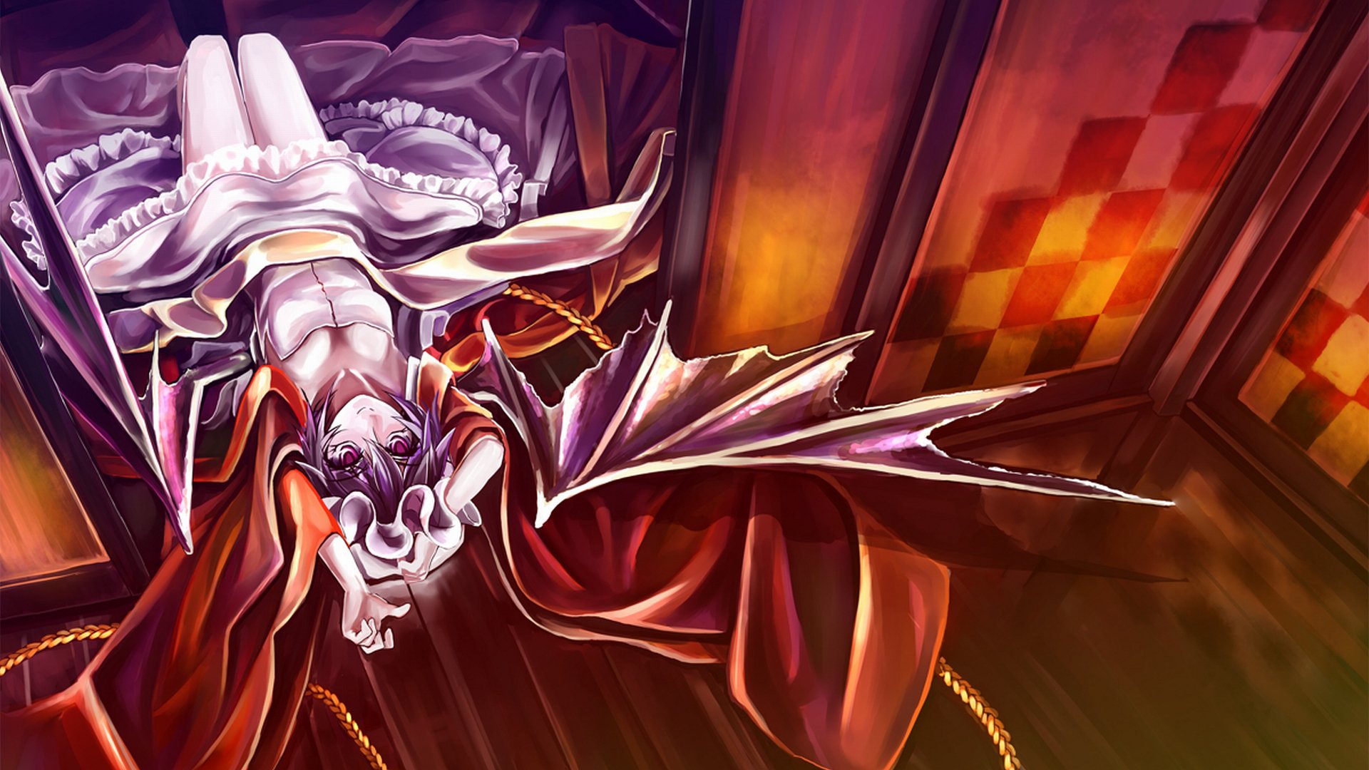 Anime-style 4K Ultra HD desktop wallpaper featuring Remilia Scarlet from Touhou, showcasing detailed gothic attire and bat wings in a warm, dramatic setting.