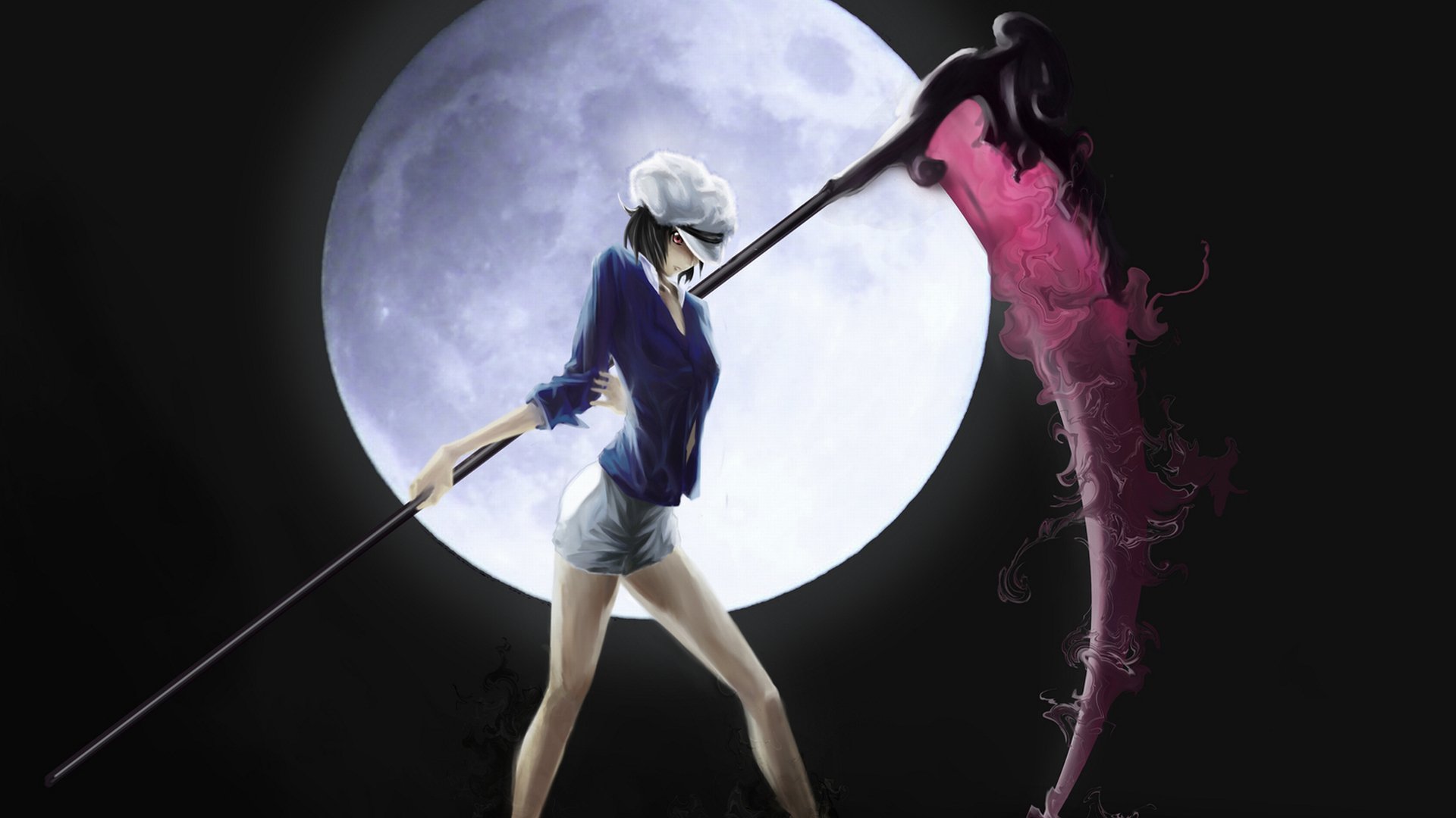 A fierce woman warrior wields a striking weapon under a bright moon, embodying strength and fantasy in this vibrant HD wallpaper.