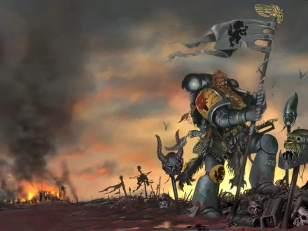A Space Marine from the Space Wolves chapter stands victorious amidst a battlefield, waving a flag against a backdrop of smoke and destruction, capturing the essence of Warhammer 40k.