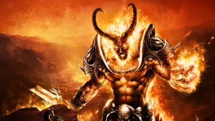HD desktop wallpaper featuring Sargeras from World of Warcraft. The fiery titan stands in an intense, blazing environment, exuding power and menace.
