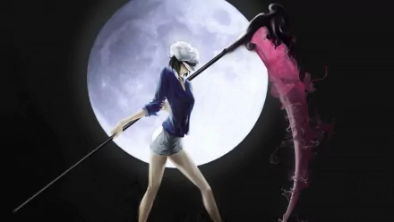 A fierce woman warrior wields a striking weapon under a bright moon, embodying strength and fantasy in this vibrant HD wallpaper.