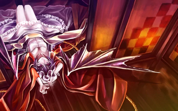 Anime-style 4K Ultra HD desktop wallpaper featuring Remilia Scarlet from Touhou, showcasing detailed gothic attire and bat wings in a warm, dramatic setting.
