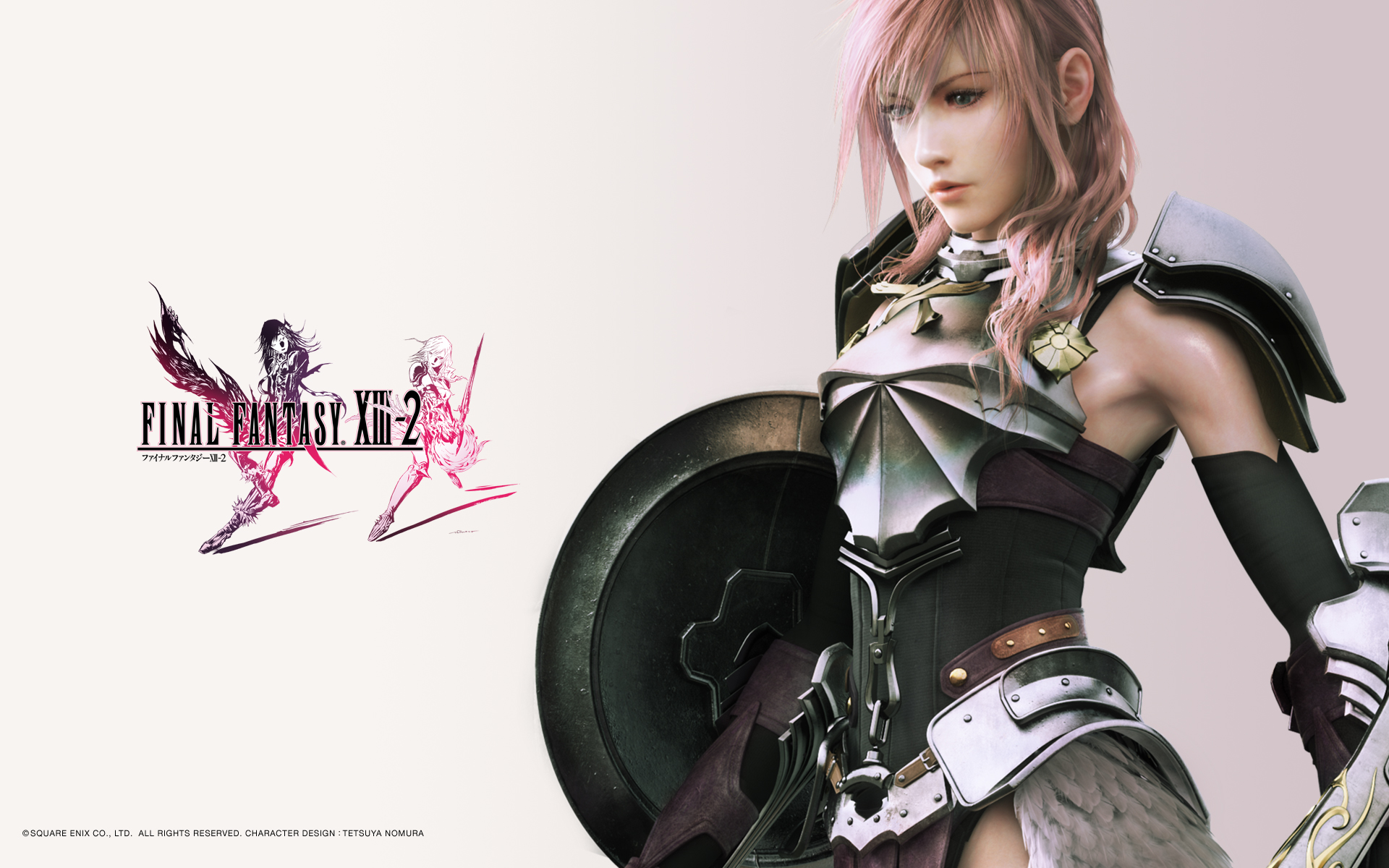 Warrior from Final Fantasy XIII-2 wielding a sword, by Lightning from Final Fantasy XIII.