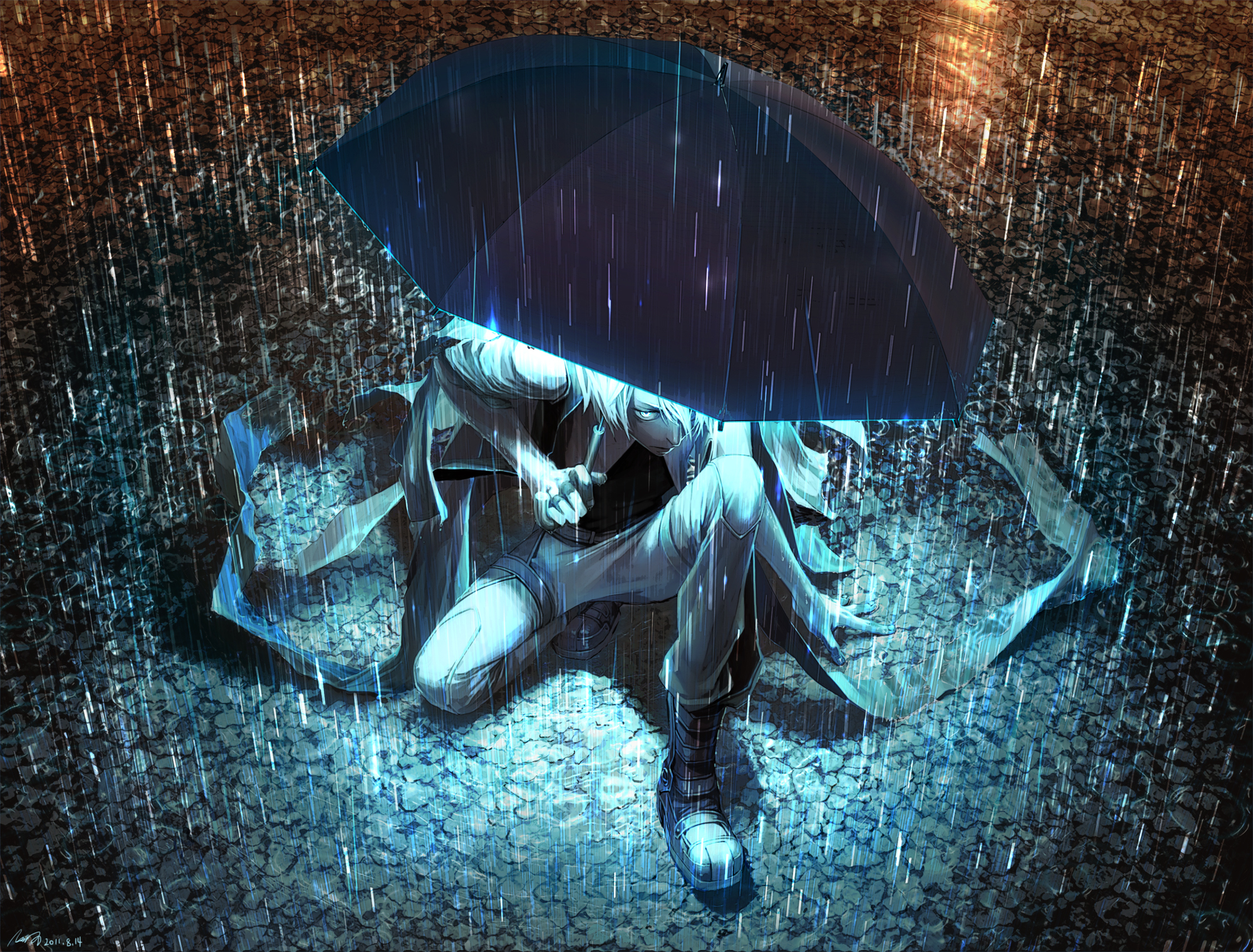 Anime character with umbrella in the rain