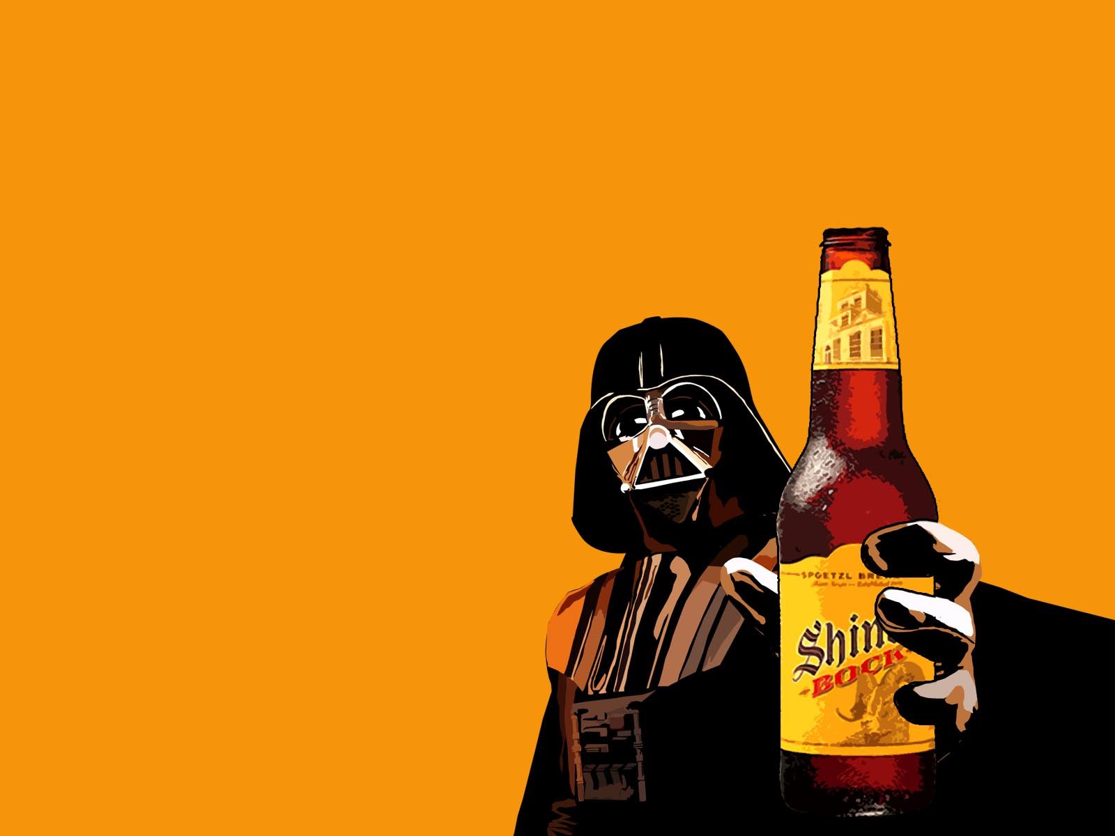 A vibrant HD desktop wallpaper featuring Darth Vader holding a beer against an orange background, blending iconic Star Wars imagery with a playful food scene.